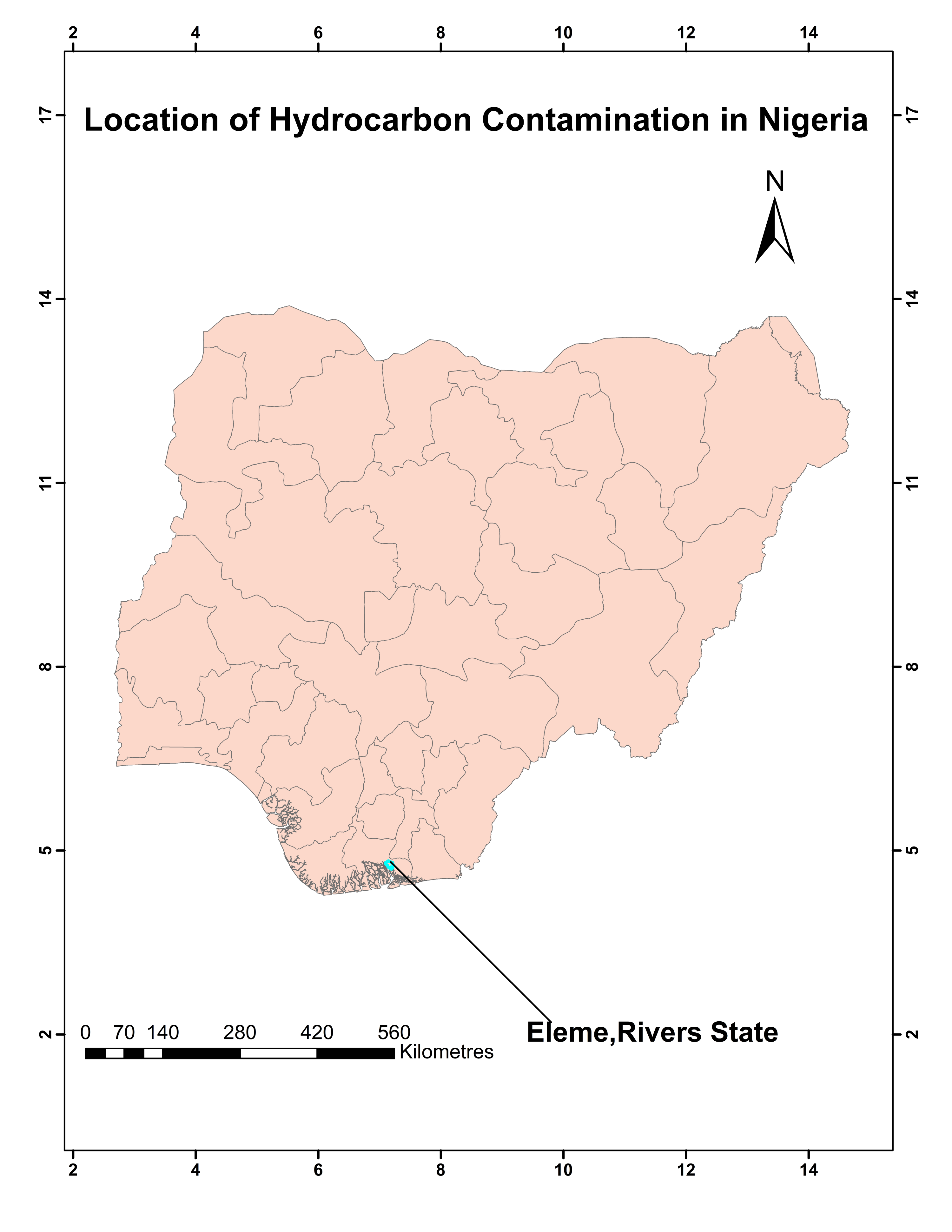 Map indicating the area in which hydrocarbon pollution exists in the Niger Delta in Nigeria