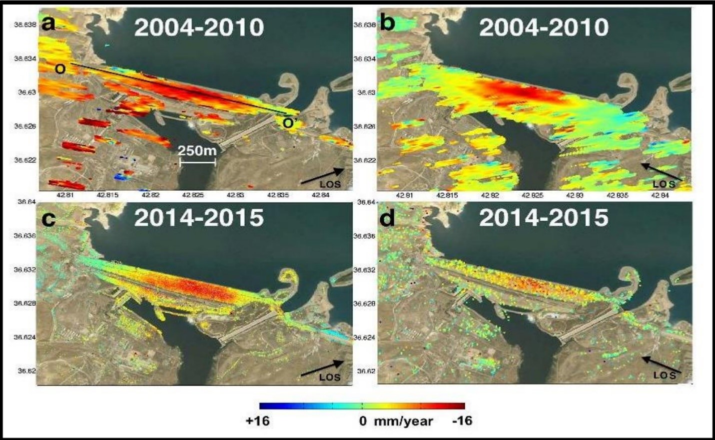 Figure 1 InSAR measured subsidence rates on the Mosul dam, Iraq. (a) Envisat ascending track DinSAR stacked interfergrams. (b) Envisat descending track DinSAR interfergrams. (c) CSK ascending track (d) Sentinel descending track (Milillo et al., 2016).