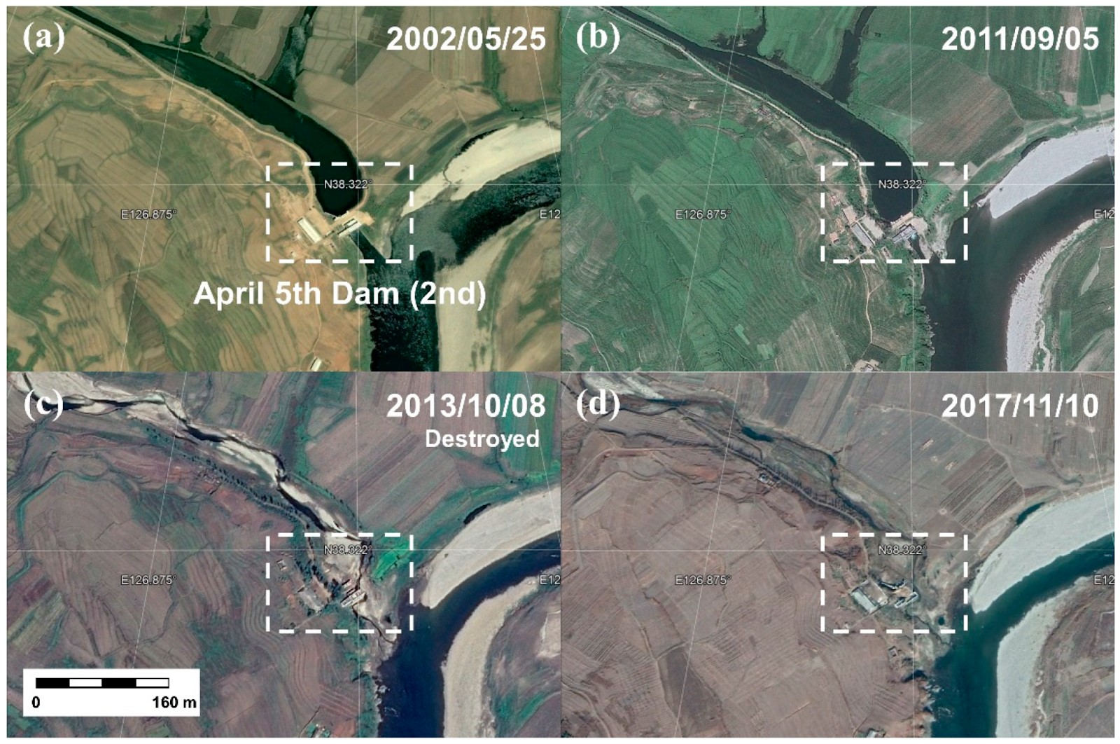 Figure 2. Images of the Imjin River in North and South Korea (Kim et al., 2020), map data ©2019 Google, Maxar Technologies).