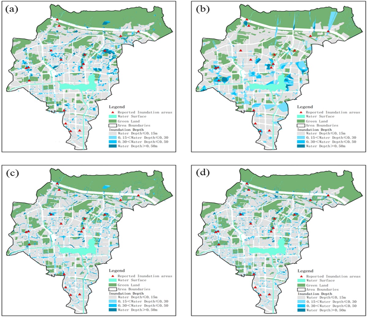 Figure 2. Distribution maps of the inundated areas simulated by four methods (a) raw digital elevation model (DEM), (b) inverse distance weighting (IDW), (c) multisource data fusion (MDF), and (d) MDF-UNet.
