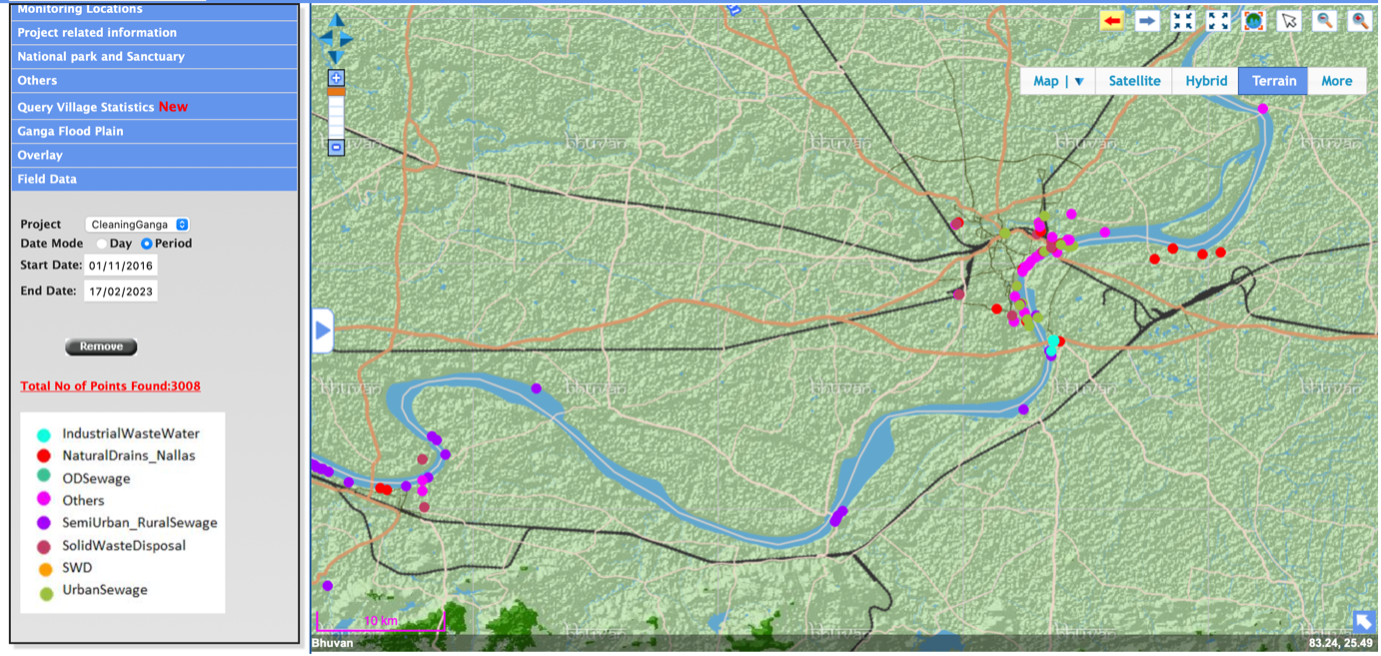Figure 3: The Bhuvan Ganga Geoportal showing pollution points as captured by the citizens within the Ganga basin using the Bhuvan Ganga mobile app.