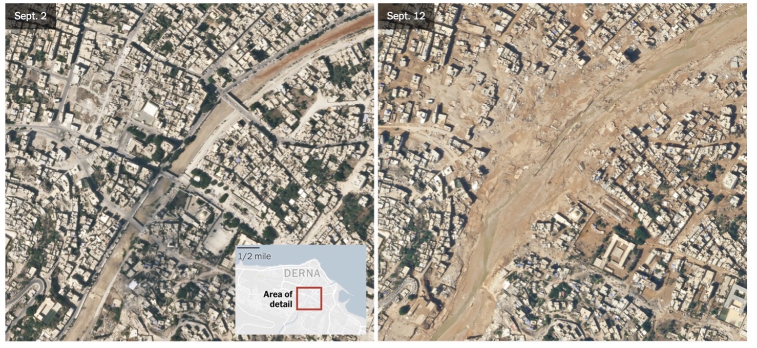 Figure 14: Satellite imagery demonstrates the broadscale destruction that occurred in Libya. While the scale of the damage is clear, it is difficult to determine specifically how many people were impacted without further analysis (Image © 2023 Planet Labs PBC)