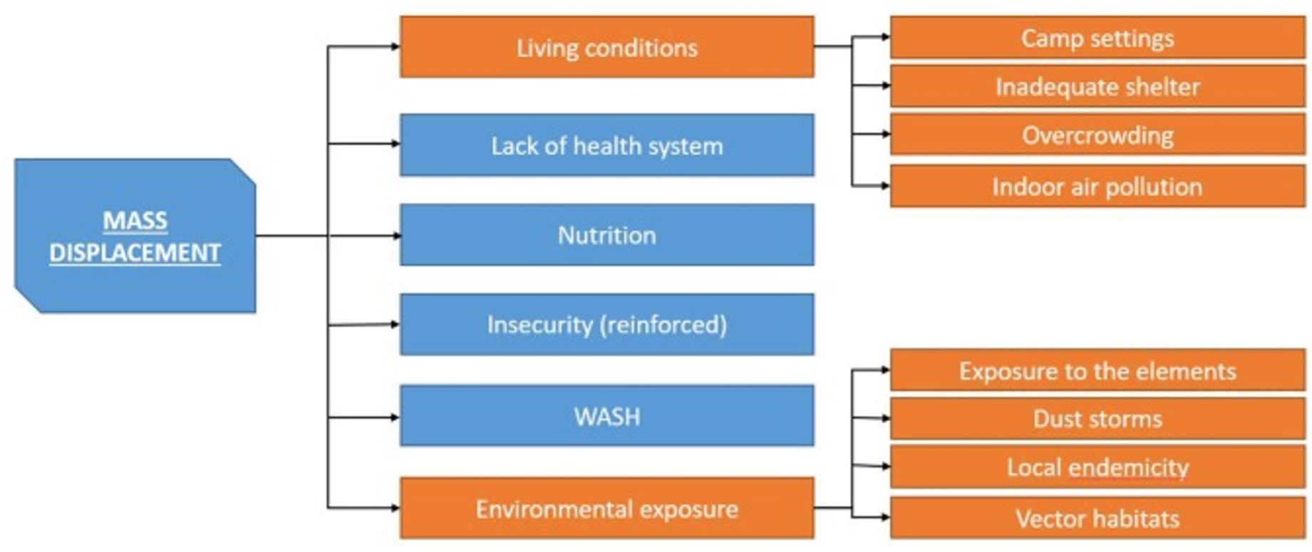Figure 16: In the aftermath of an environmental disaster, the mass displacement of humans contributes greatly to the risk of disease. Living conditions, such as overcrowding, can lead to increased rates of disease transmission (Hammer et al., 2018)