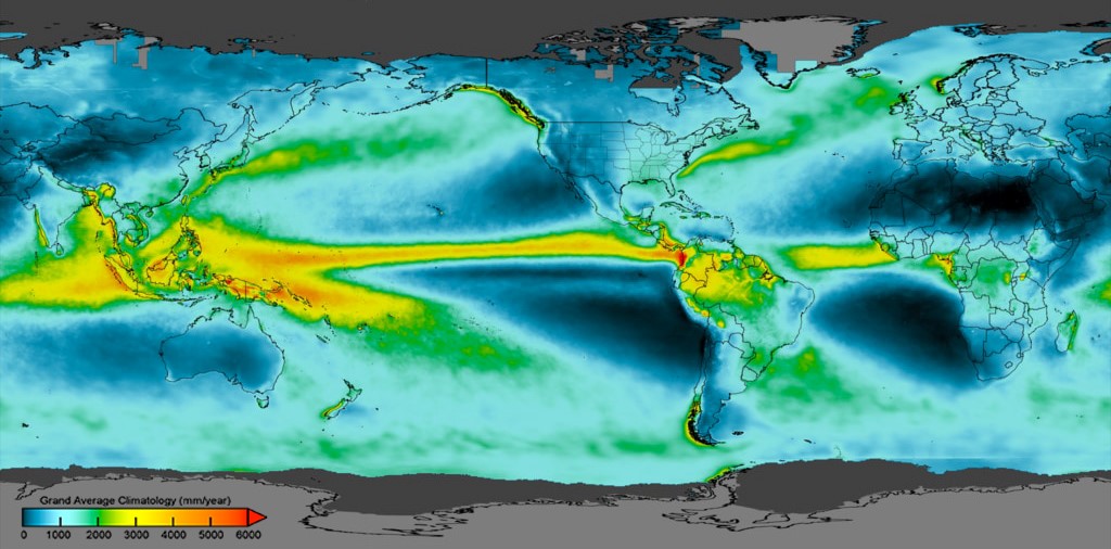 Map of average rainfall computed using IMERG Final Run data between January 2001 and  December 2019. The animation displays the monthly average precipitation rate computed on the same dataset. Image and animation sourced from NASA GPM portal.