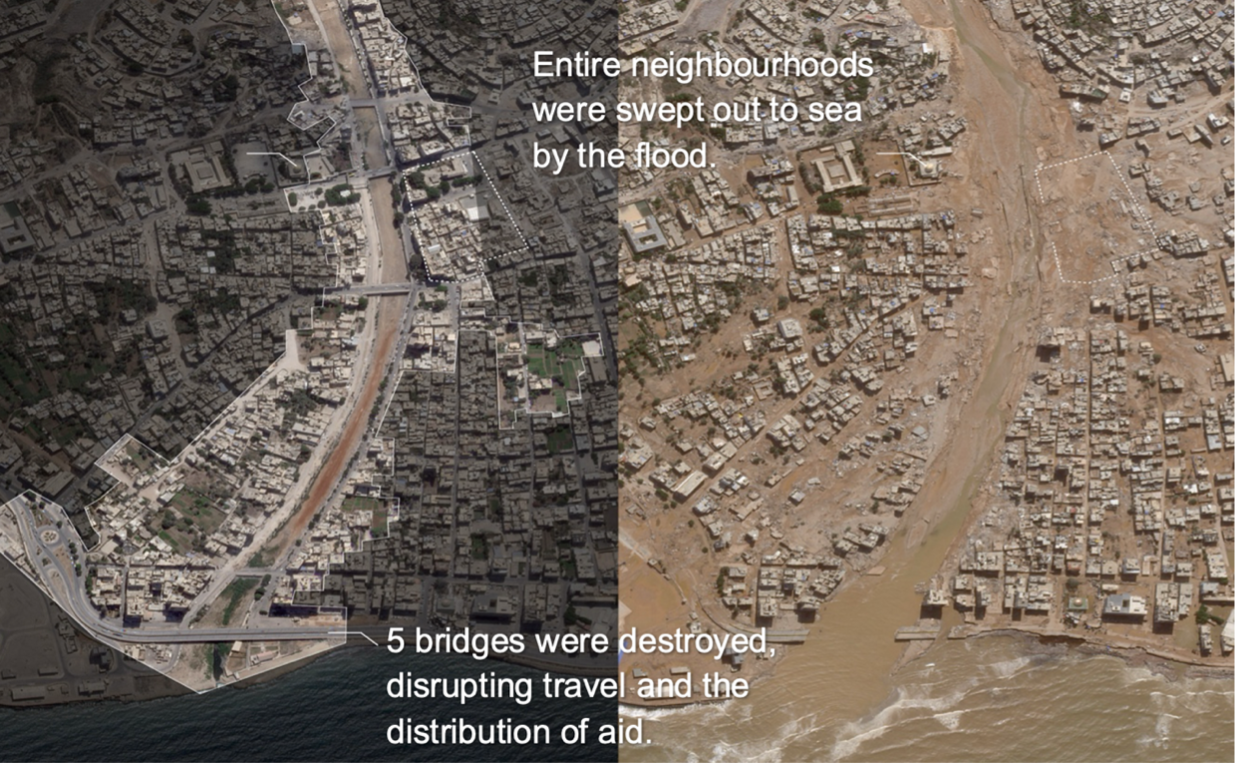 Figure 3: Satellite imagery shows before and after imagery of Derna, demonstrating the full extent of destruction. Areas are highlighted where entire city blocks were washed away or destroyed (Image © 2023 Planet Labs PBC). 