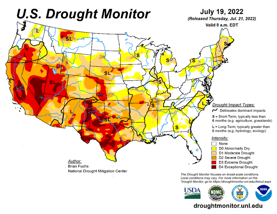 Figure 1. Map of the intensity and impacts the droughts have in the US (NDMC. 2022)