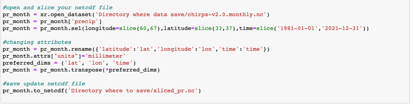 Figure 2: Preprocessing CHIRPS precipitation and formatting according to climate-indices package