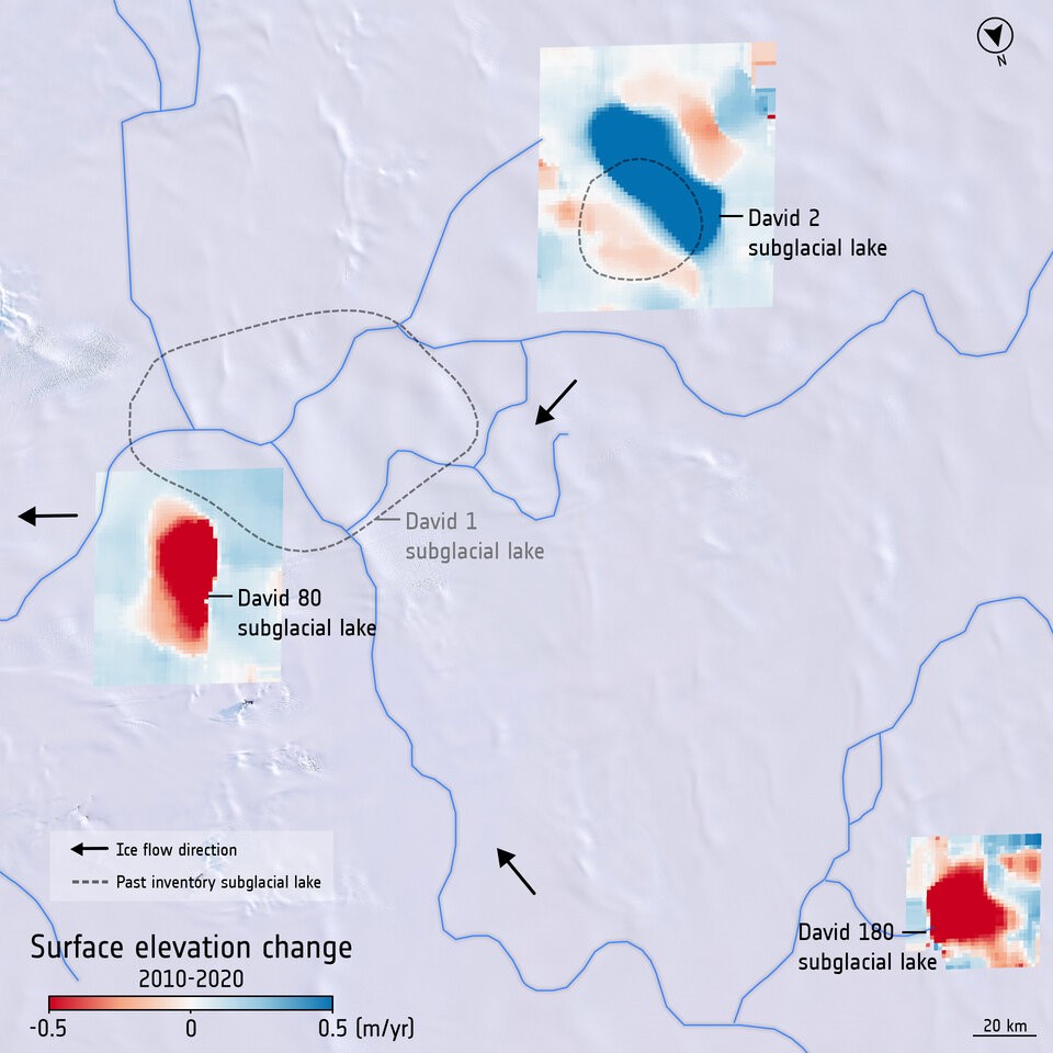 Figure 3. Surface elevation change above subglacial lakes (2010–2020) and ice flow direction