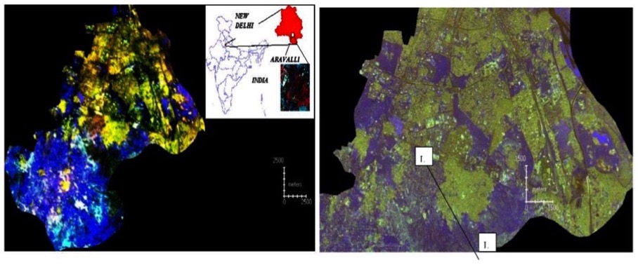 Figure 3 AWIFS sensor showing lineaments (L) in south Delhi without detailed information of hydrogeology (left) and IRS-1D LISS-III sensor data analysed with ERDAS software showing details of lineaments (L) and detailed hydrogeological information of whole Delhi, for ground water management.
