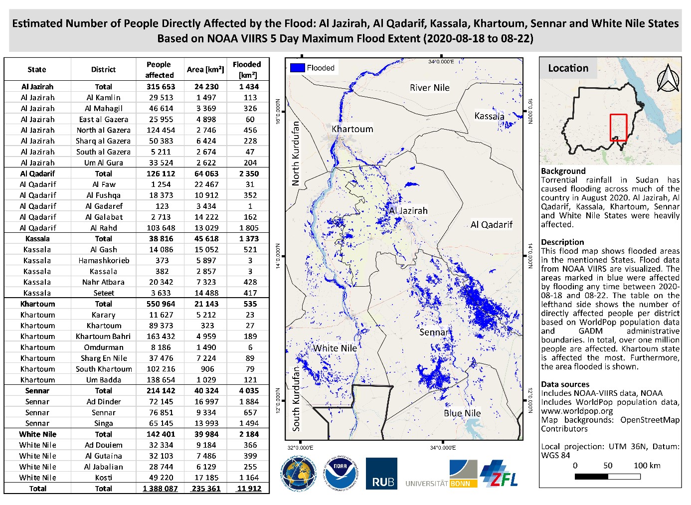 Figure 4: Estimated Number of People and area directly affected by the flood. Map was produced by RUB and ZFL based on previous analysis by NOAA based on VIIRS data