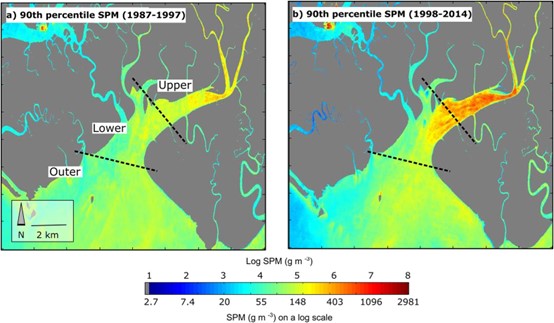 Figure 4. 90th percentile SPM concentrations (log scale) in the Upper, Lower, and Outer Ajkwa Estuaries (ADA outlet) from (a) 1987 through 1997, and (b) 1998 through 2014 (Alonzo et al. 2016).