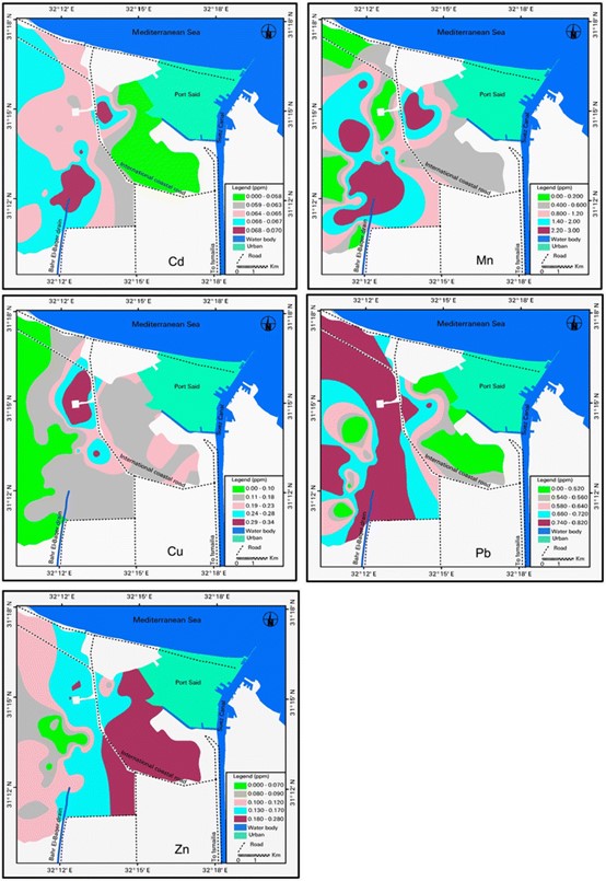 Figure 5. Spatial distribution maps of the water heavy metal concentrations of ELM area (Arnous and Hassan, 2015).