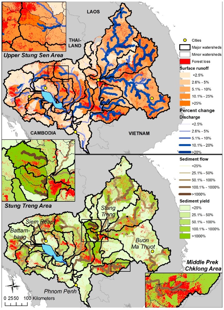 Figure 6. Percent change in several hydrological indicators due to forest loss in the lower Mekong watershed from 2001–2013 (Netzer et al. 2019). The upper figure shows change in surface runoff and stream discharge, while the lower figure shows sediment yield and flow.