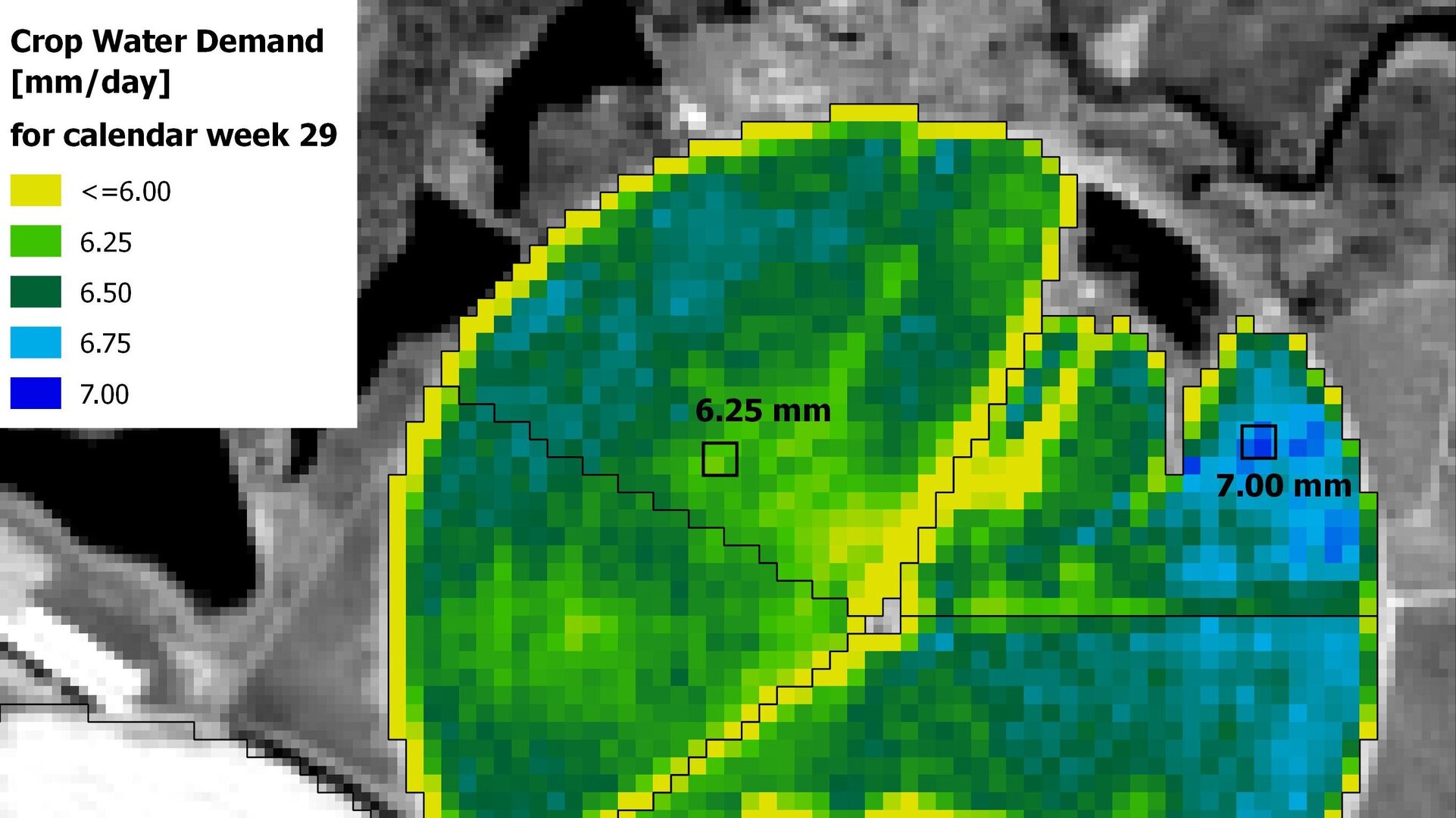 Crop water demand in mm per day determined using optical Sentinel-2 data and integrated plant-physiological and hydrological modelling for an irrigation centre pivot in Zambia. Courtesy Vista GmbH, 2018. Image Source: ESA 
