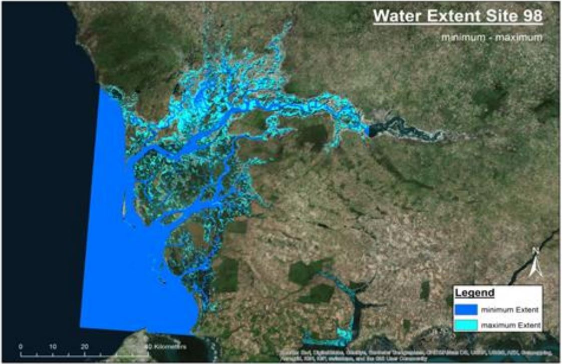 Figure 3 - Water Extent of Delta du Saloum, Senegal  Input imagery: Sentinel-1/Sentinel-2. Time period: 2015/2016. Spatial resolution: 20 meters Accuracy: +85% overall and individual class accuracy  (Source: Globwetland Africa, “Water Cycle Regime”)