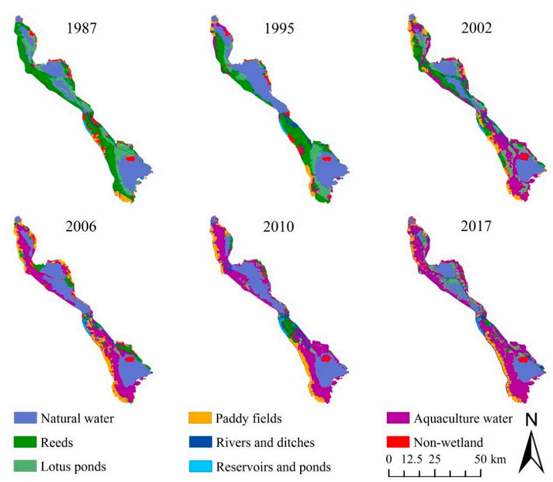 Figure 4 -  Land use and cover change maps of the Nansi Lake wetland , China, from 1987 to 2017 (Source: Meng ad Dong, 2017).