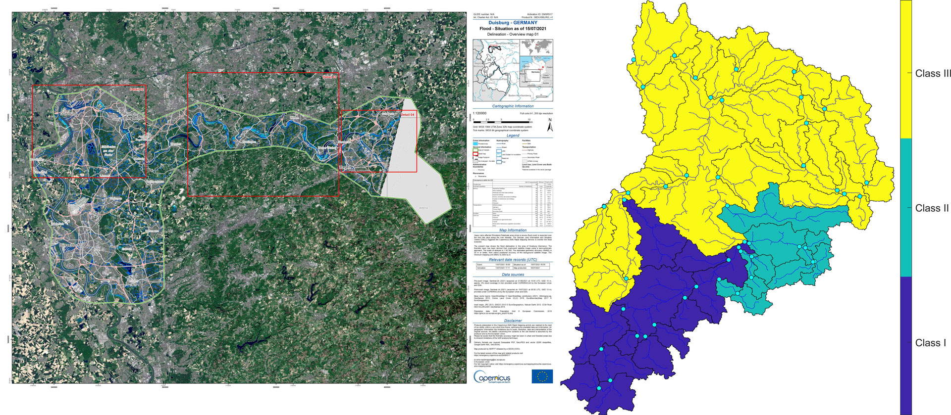 A) Flooding areas highlighted in blue colour in Germany in 2021 (Copernicus EMS 2021), B) Simultaneous flood areas in the Neckar catchment in Germany (Modiri and Bárdossy 2021). Dark blue: A first cluster in the west part of the upper Neckar catchment with high elevation; Light green: The small sub-catchments in the east of upper Neckar with different geological features; Yellow: The low land areas.