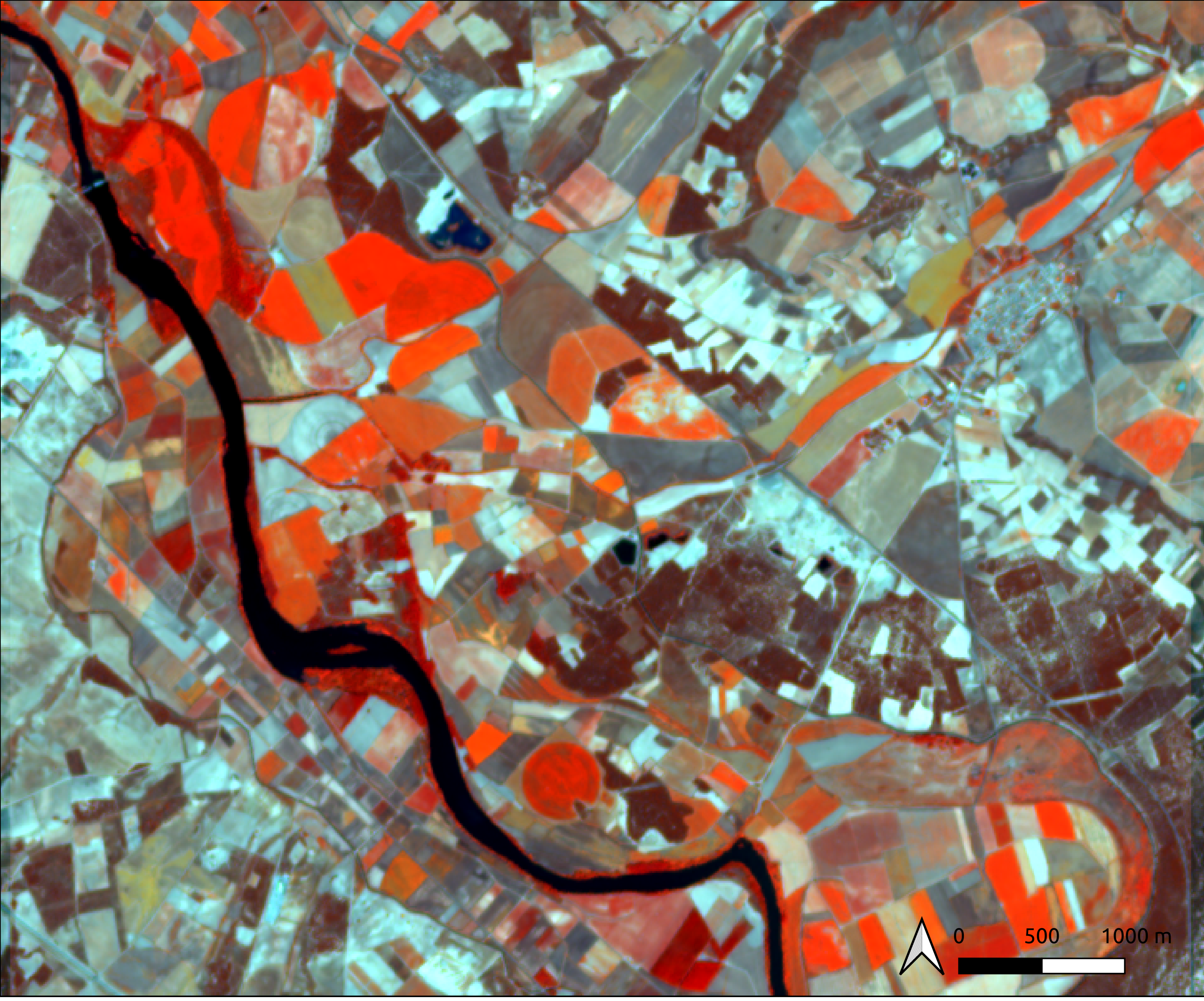 False-colour Sentinel-2 image over a part of the Spanish Duero basin – a region characterised by irrigation. Reddish colours indicate green vegetation which is most likely irrigated. Author prepared figure using ESA Sentinel-2 data.
