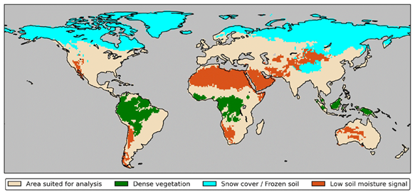 Global image showing regions where satellite soil-moisture retrieved from SMAP are feasible.
