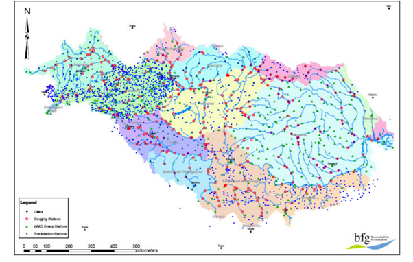 Map showing the hydrometeorological meta-database of ICPDR countries 2019