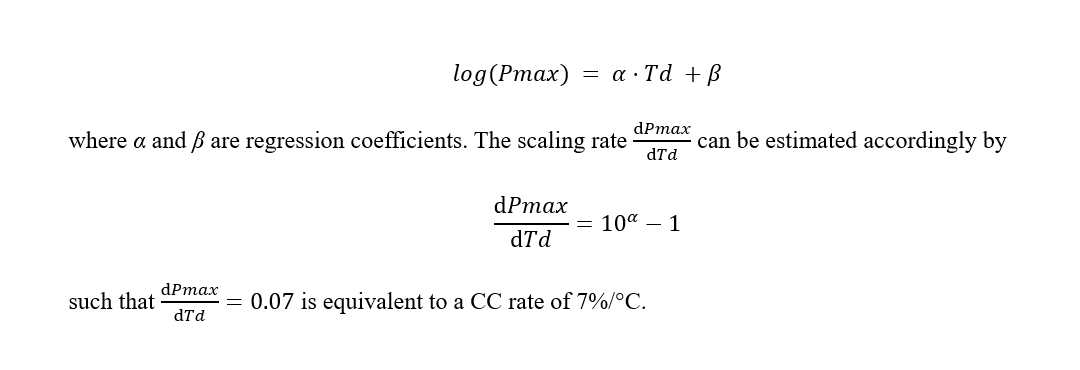  log(Pmax) = α·Td +β  where α and β are regression coefficients. The scaling rate dPmax/dTd can be estimated accordingly by  dPmax/dTd=10^α-1  such that dPmax/dTd=0.07 is equivalent to a CC rate of 7%/°C.