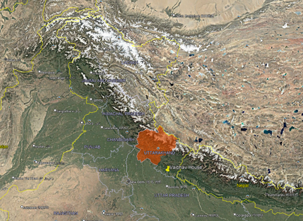 Google Earth satellite image of the Garhwal region in India