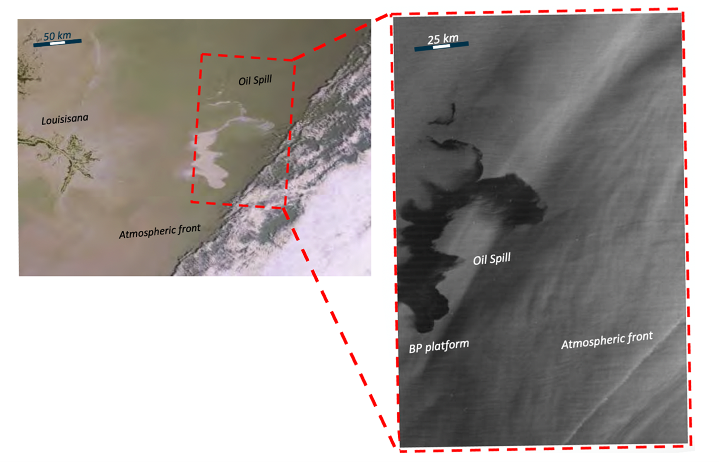 Figure 2: A side by side comparison of the Deepwater Horizons oil spill using optical imagery (left) and microwave imagery (right) (European Space Agency, 2010; Velotto, 2022)