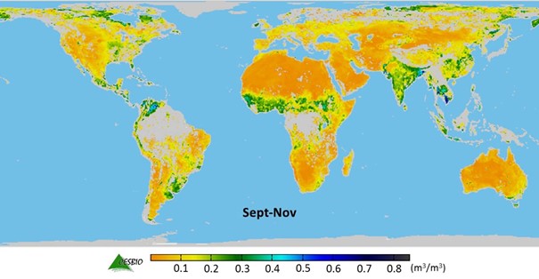 Figure 4. Seasonal soil moisture from SMOS (spatial resolution of 35 km) in September-November (ESA 2014). 