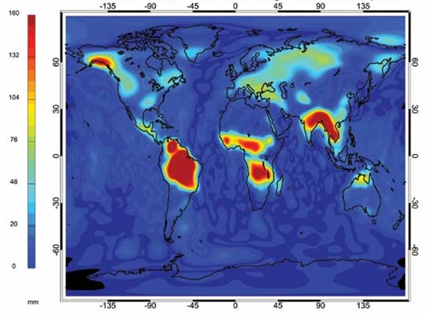 Figure 5. Map of the mean annual amplitude in mm of the total water storage from GRACE satellites (Cnes/Aviso 2021)