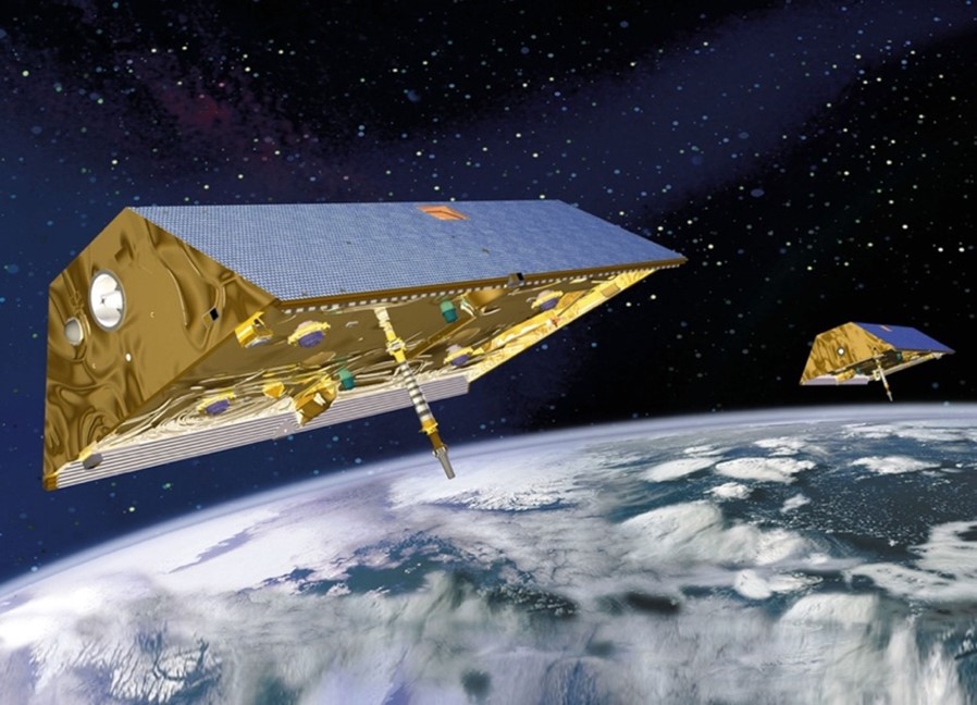 Figure 5: An artist rendering of the GRACE satellites (Reager, Thomas, and Famiglietti, 2014).