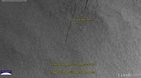 Figure 6: An image captured by SAR sensors of a 22 mile-long oil spill in the Black Sea. The oil is shown as the dark streak and the polluting vessel is shown as white (SkyTruth, 2012)