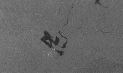 Figure 7: This SAR image displays  an oil slick that is less linear in pattern (Soldi et al., 2021)