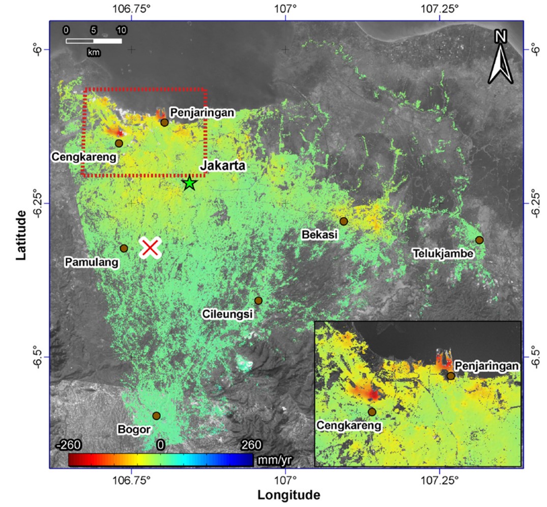 Figure 9:  Produced by the Japanese ALOS satellite, this interferogram displays subsidence data in the wider Jakarta metropolitan area. The negative value scale indicates that land is subsiding, particularly in the coastal cities of Cengkareng and Penjaringan (Ng et al., 2012). 