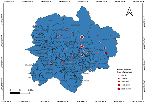 Spatial distribution of hydrometeorological disasters and facilities in the Garhwal Himalayas