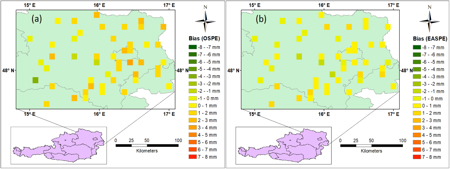 Figure 1. Average Bias of daily precipitation events over 48 IMERG pixels for (a) Original IMERG, and (b) Bias-Corrected