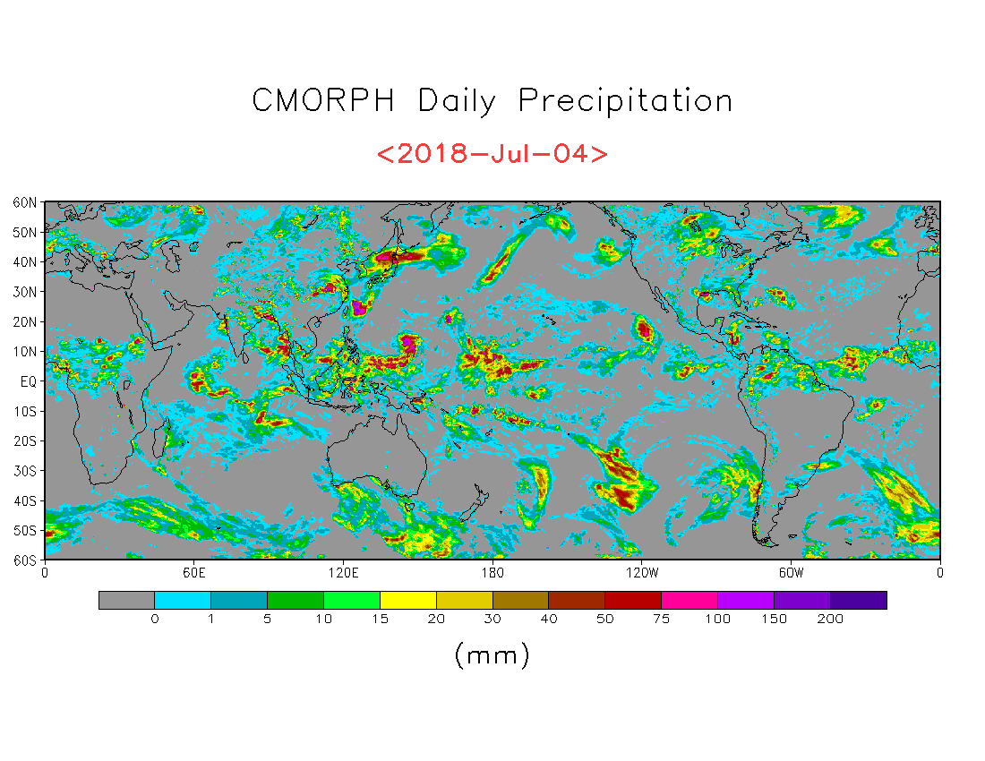 Figure 1 Global daily precipitation (mm) for July 4, 2018, derived from CMORPH-CRT satellite precipitation estimates (Xie, Joyce, et al. 2017).