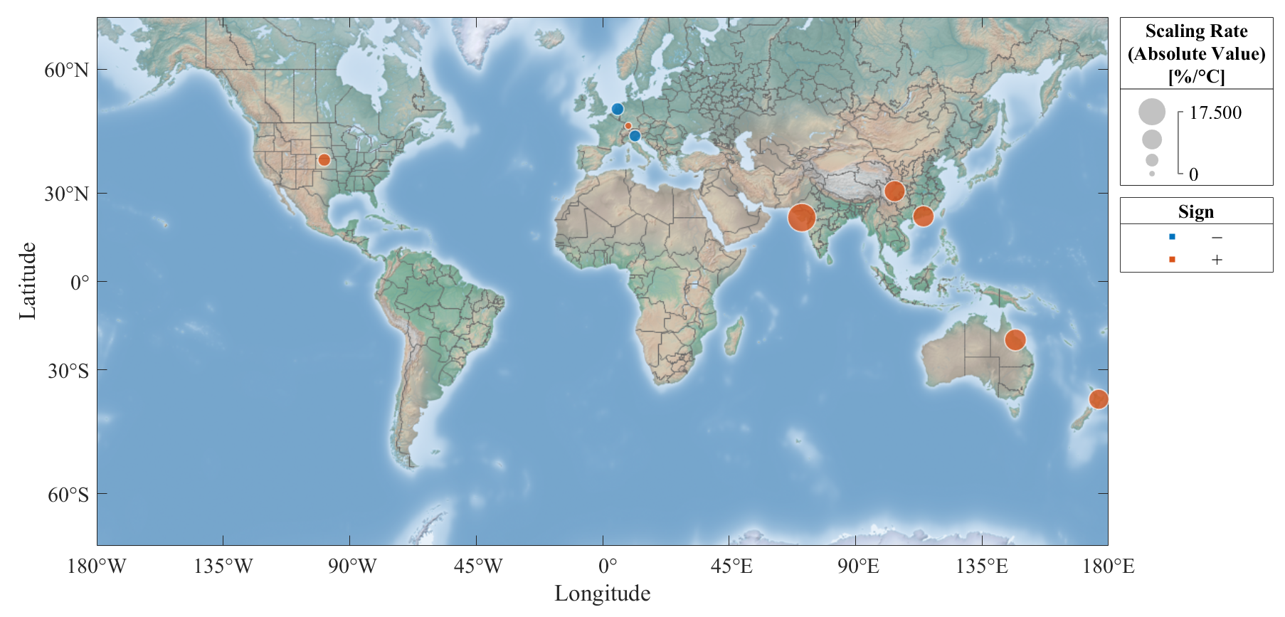 Figure 2: Scaling rate of hourly Pmax with daily mean Td at all selected locations. In the background map humid lowlands are in green and arid lowlands are in brown (Source: Natural Earth).