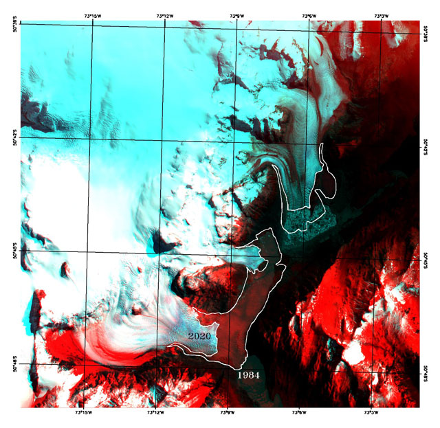 Figure 6: 15 km2 glacier retreat in the last 35 years. (Image credit: Ailin Ortone, Guido Pilato) 