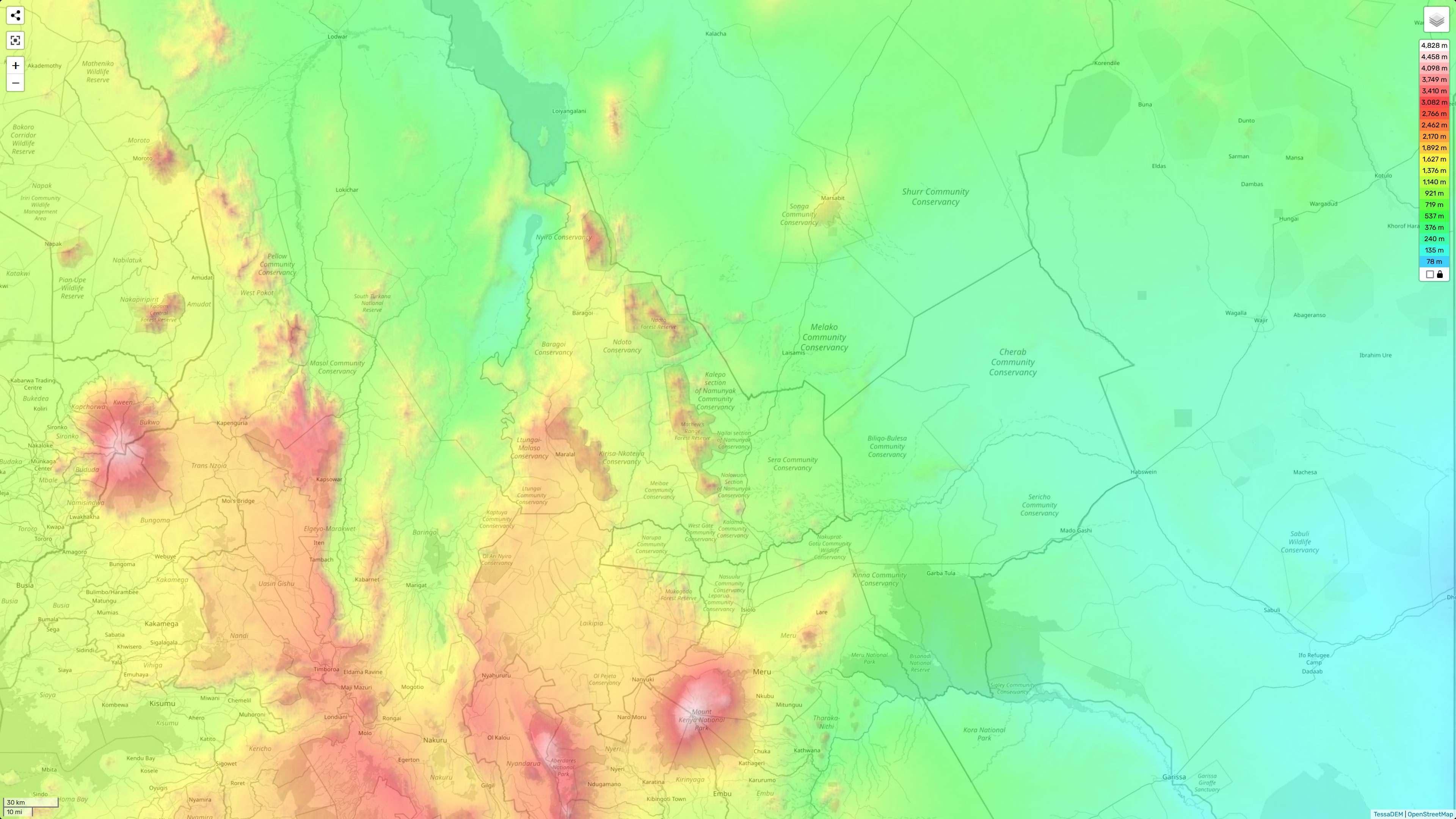 Topographic map of Samburu province in Kenya
