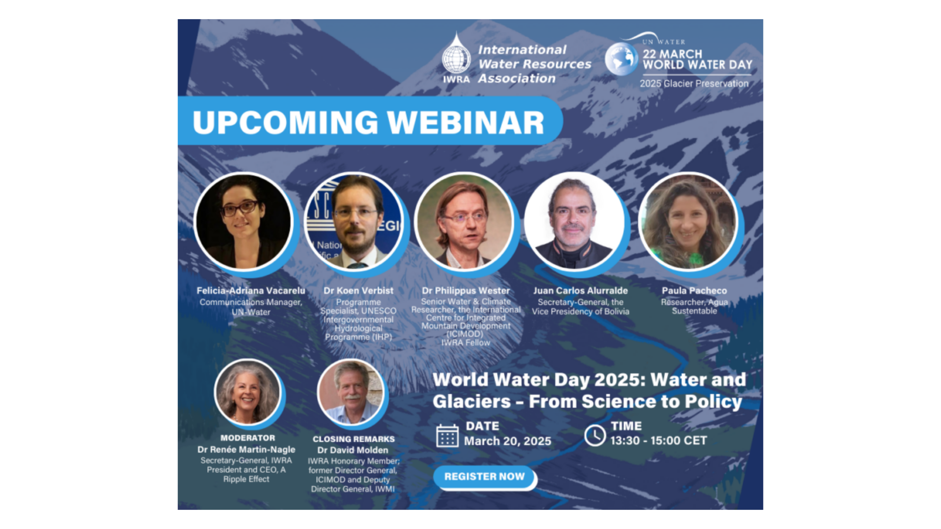 Webinar banner with speakers, title, date, time and glacier drawing in the background