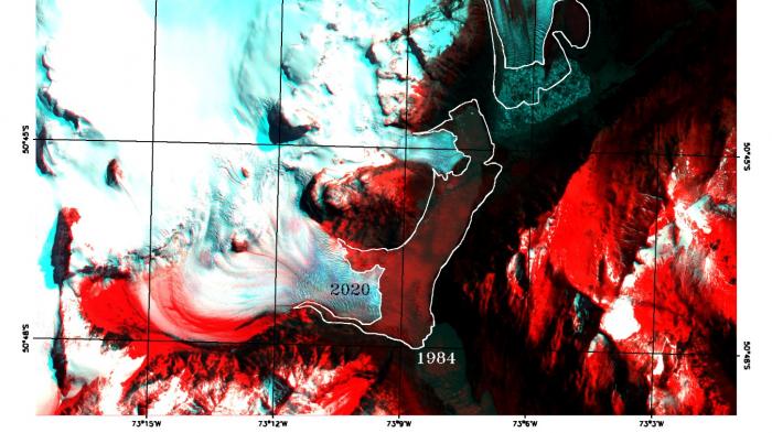 15 km2 glacier retreat in the last 35 years visualized on map.