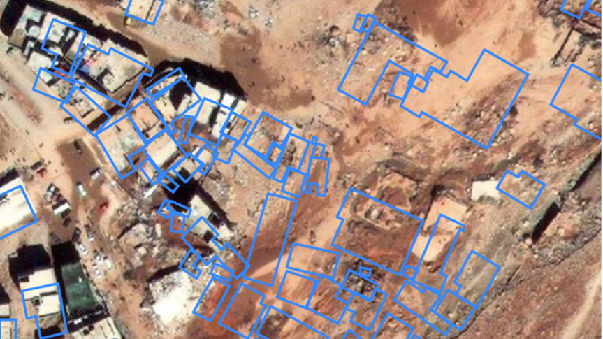 Building outlines detected on satellite imagery