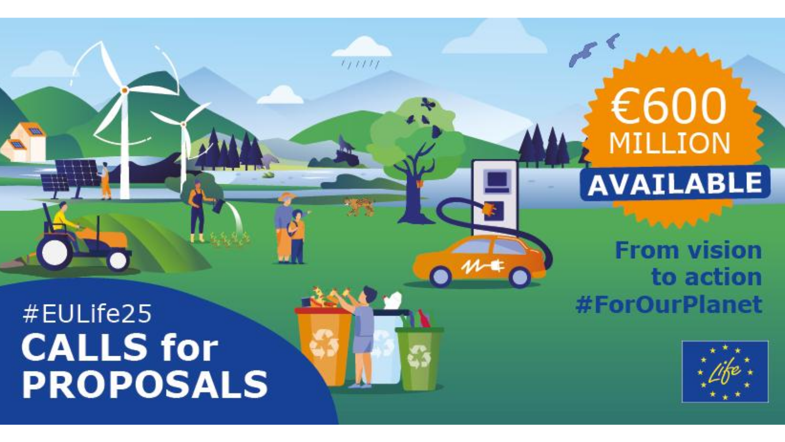 Banner for call with cartoon drawings related to renewable energy