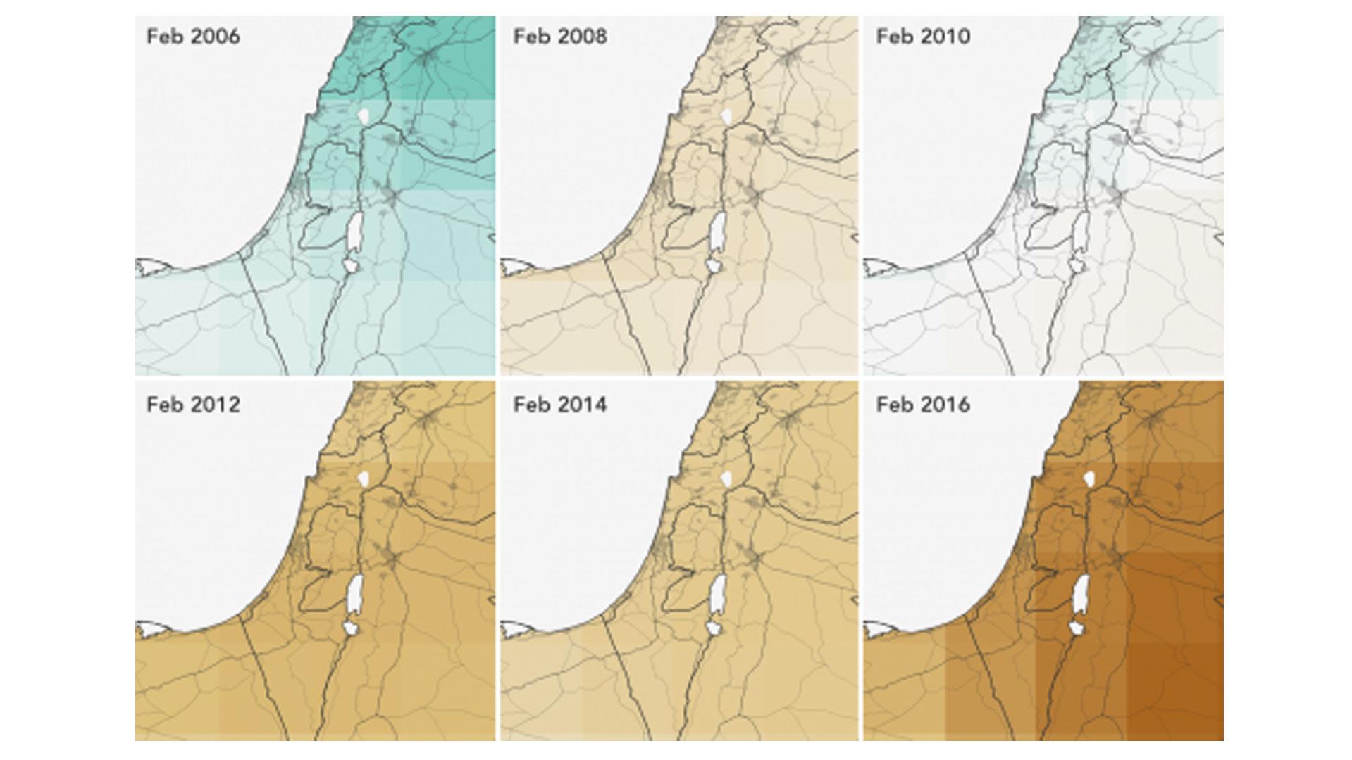 NASA Earth Observatory images by Joshua Stevens, using data courtesy of Vishal Arya and the NASA DEVELOP Program.   The maps above show some of the satellite data used to determine suitable locations. The first image shows precipitation from 2006 to 2016, which has remained fairly constant. The precipitation data came from the Tropical Rainfall Measuring Mission (TRMM) and the Global Precipitation Measurement (GPM) mission and were validated with NOAA’s Global Surface Summary of the Day.